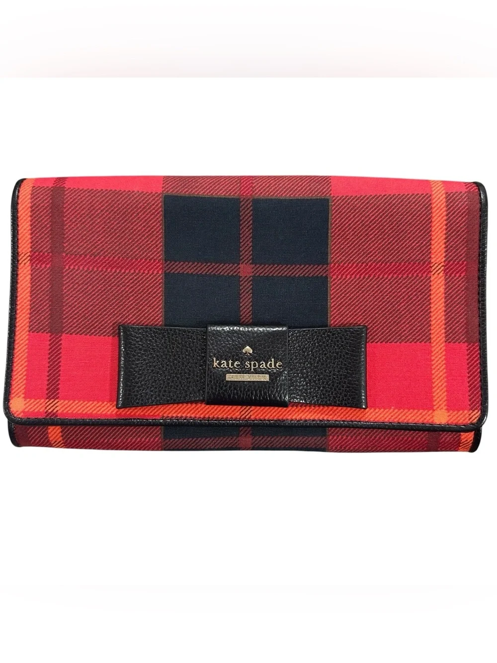 Kate Spade Red Plaid Canvas & Black Leather Bow Flap Clutch Mini Bag on Chain